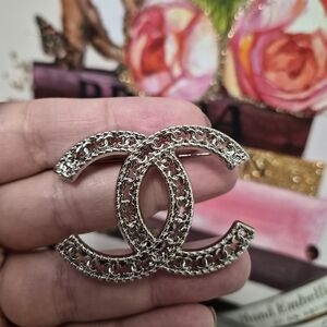 Authentic CHANEL Silver Interlocking C Brooch